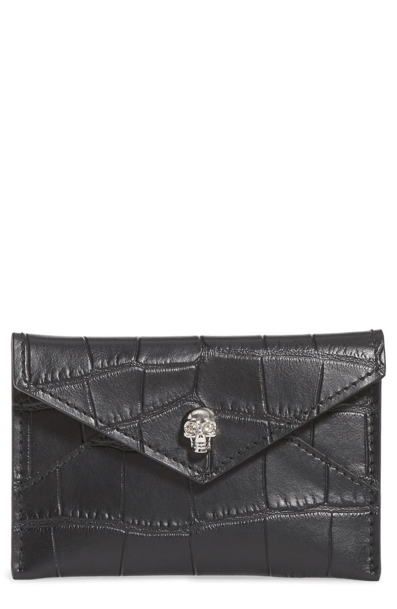 McQueen Alexander McQueen Croc Embossed Leather Card Holder, Main, color, Black