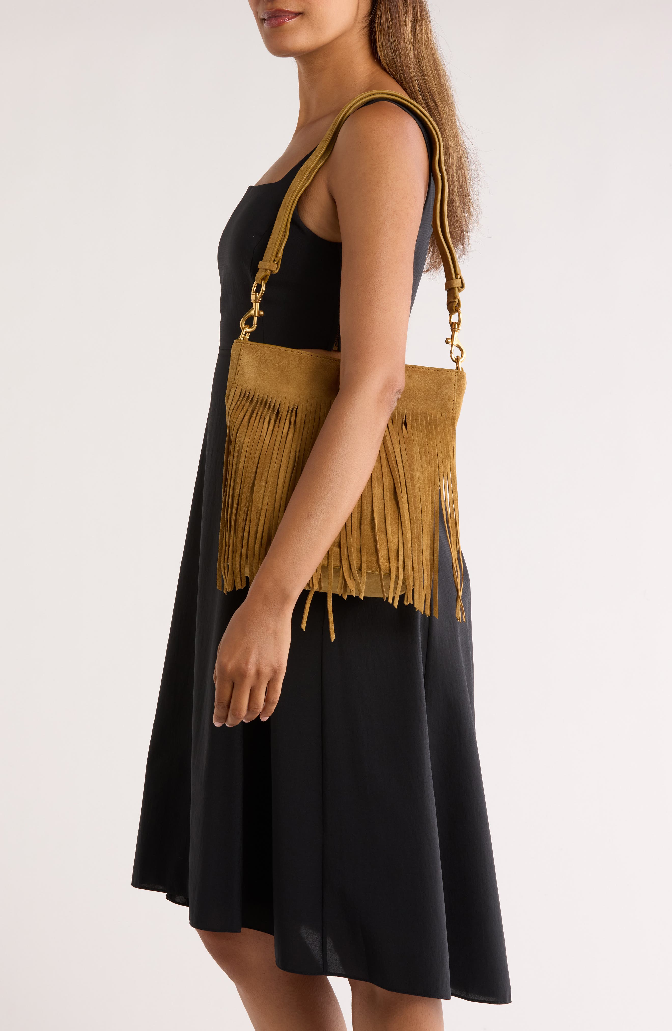 Rebecca Minkoff Darren Fringe Bucket Bag, Alternate, color, Honey