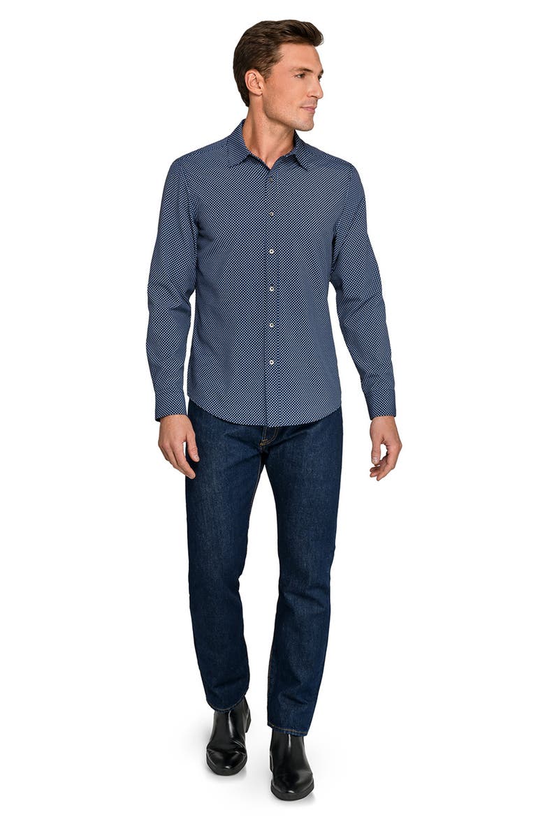 Slim Fit Navy Geometric Print Performance Button-Up Shirt, Alternate, color, NAVY