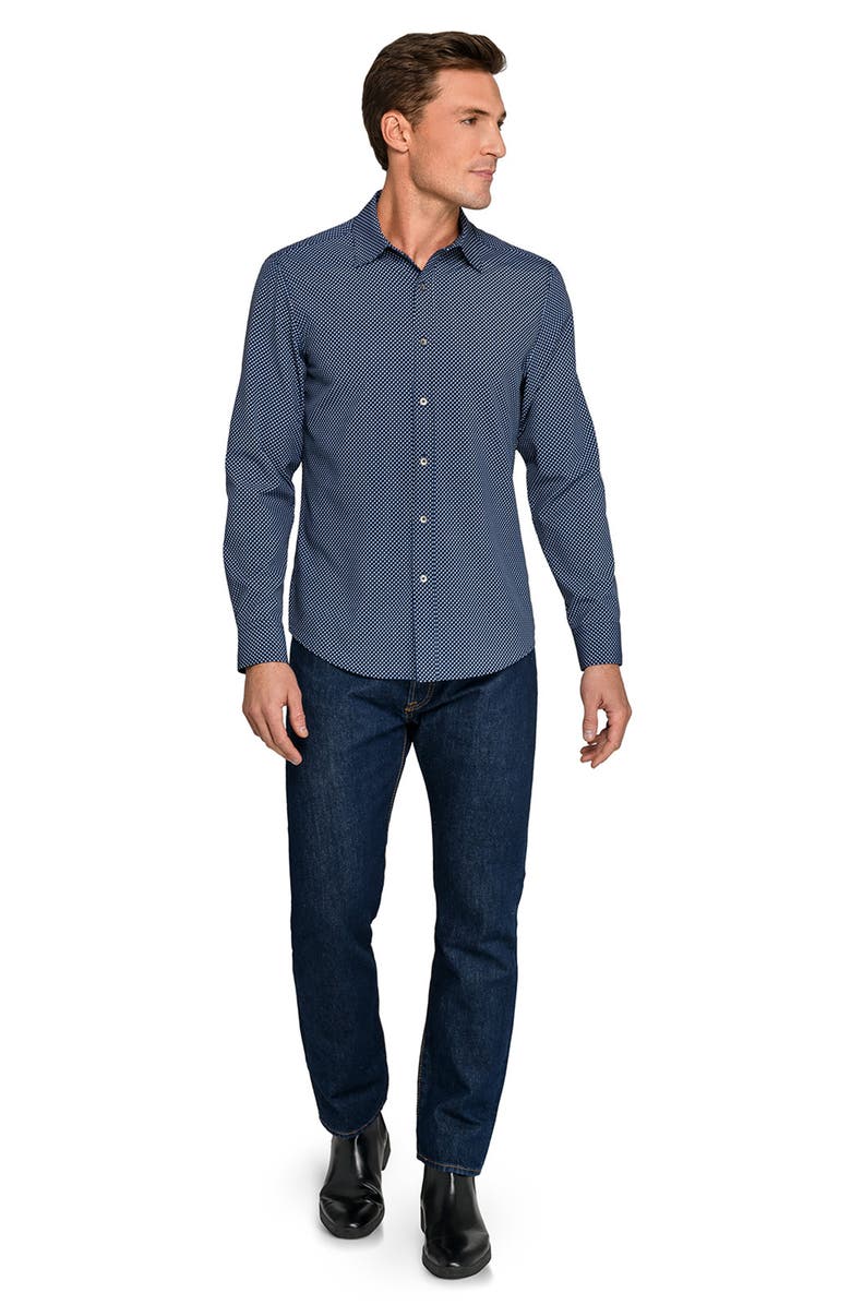 W.R.K Slim Fit Navy Geometric Print Performance Button-Up Shirt, Alternate, color, Navy