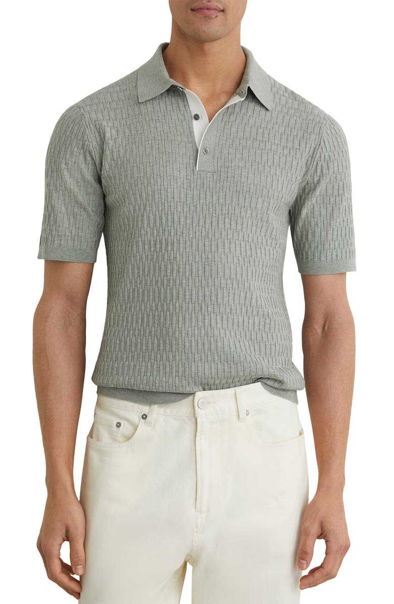 Reiss Era Basket Weave Knit Polo Sweater, Main, color, Soft Sage