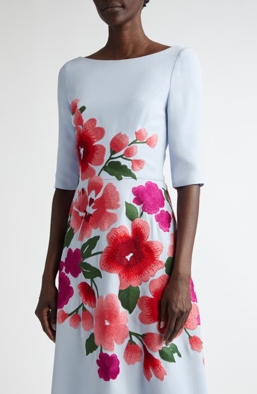 Carolina Herrera Floral Embroidered 3/4-sleeve Midi Dress In Celeste Multi