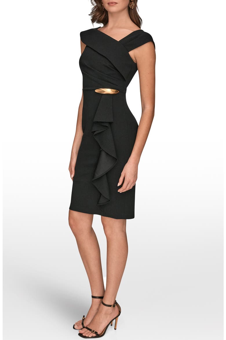 Buckle Detail Asymmetric Neck Sheath Dress, Alternate, color, BLACK