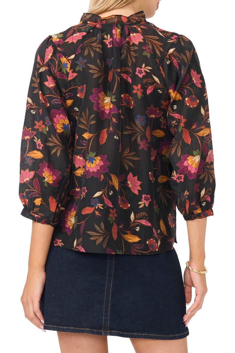Floral Tie Neck Cotton Top, Alternate, color, RICH BLACK