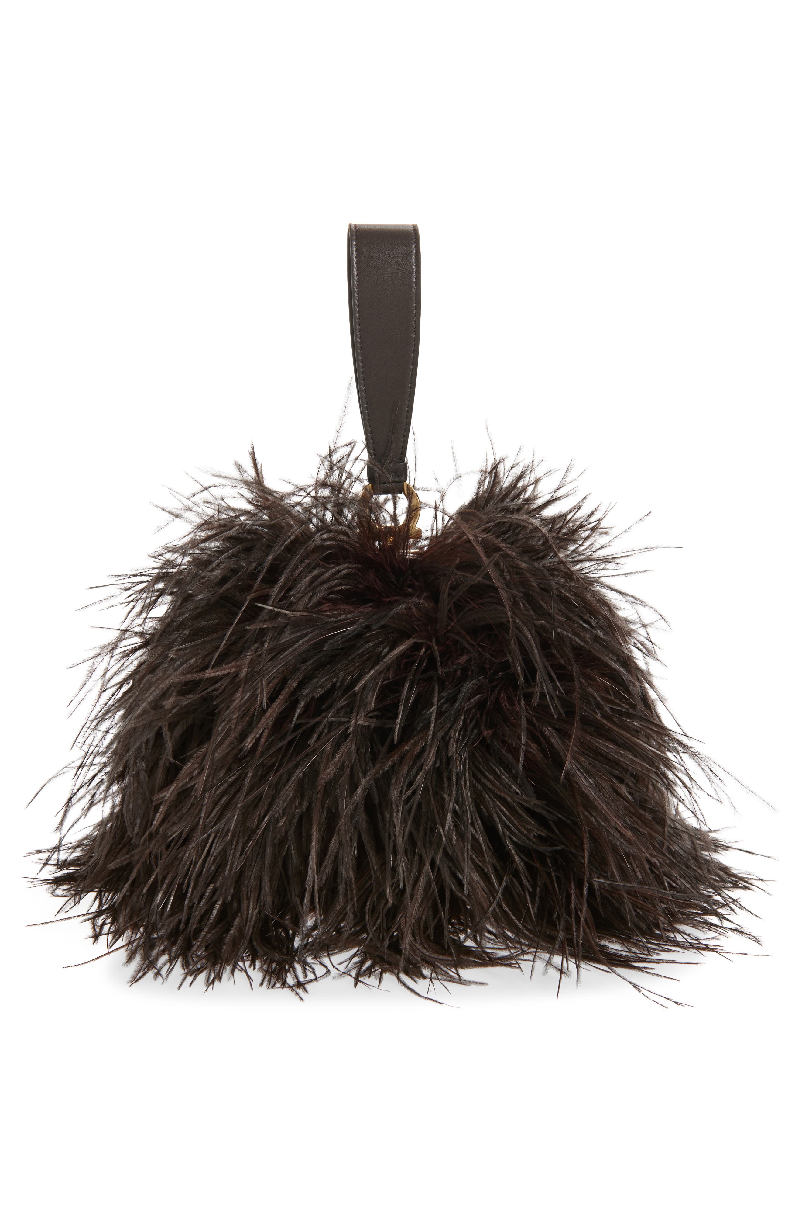 FERRAGAMO Double Gancini Ostrich Feather & Leather Clutch, Alternate, color, T.moro Testa Di Moro 099