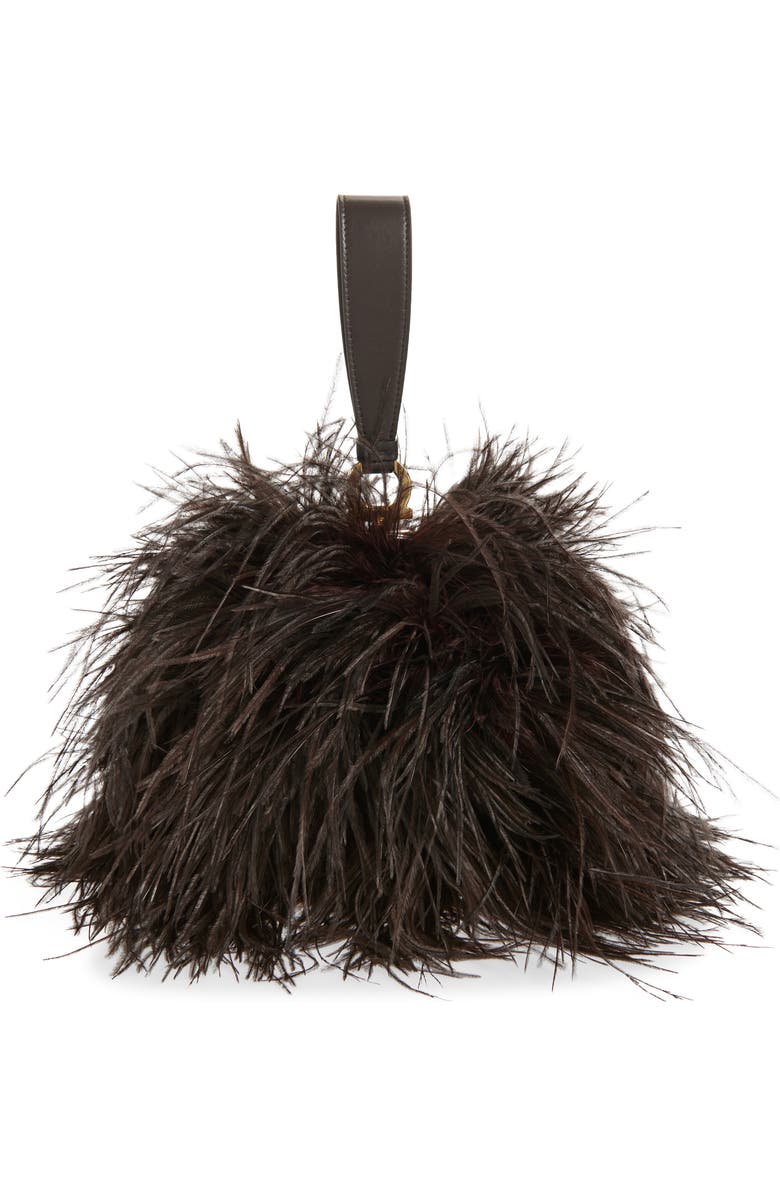 FERRAGAMO Double Gancini Ostrich Feather & Leather Clutch, Alternate, color, T.moro Testa Di Moro 099