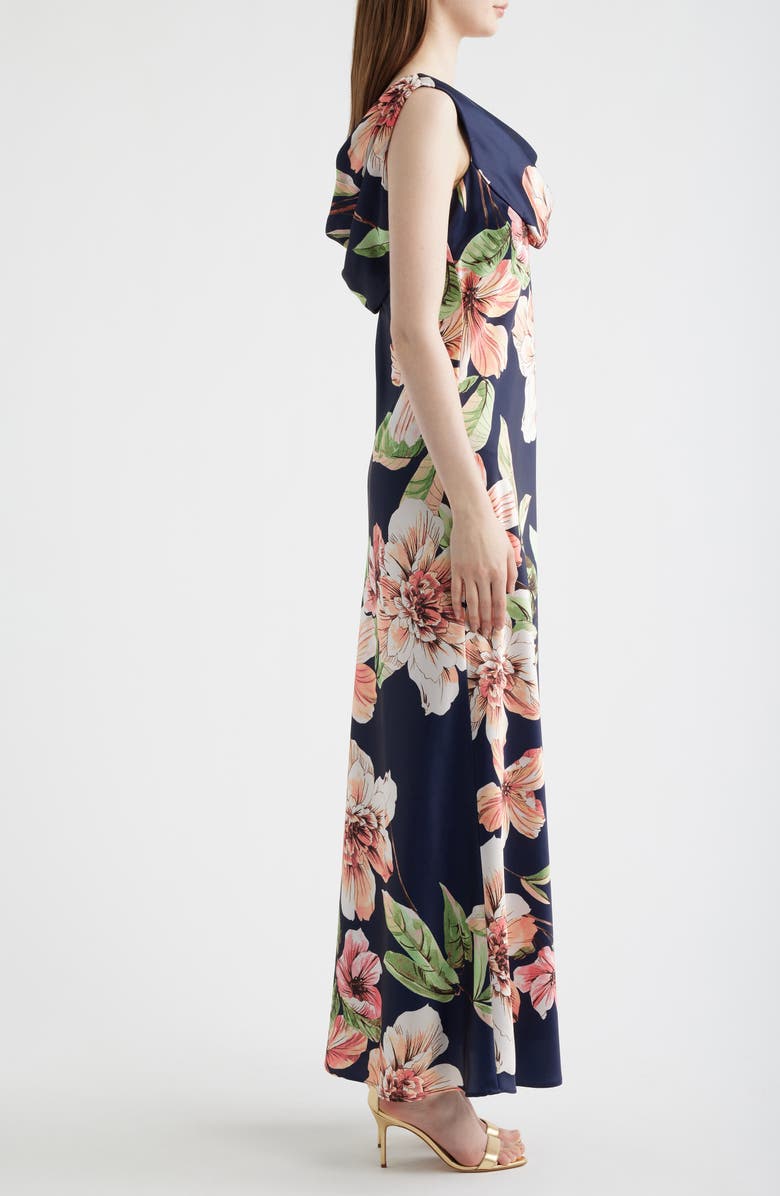 Eliza J Floral Cowl Neck Satin Gown, Alternate, color, Navy