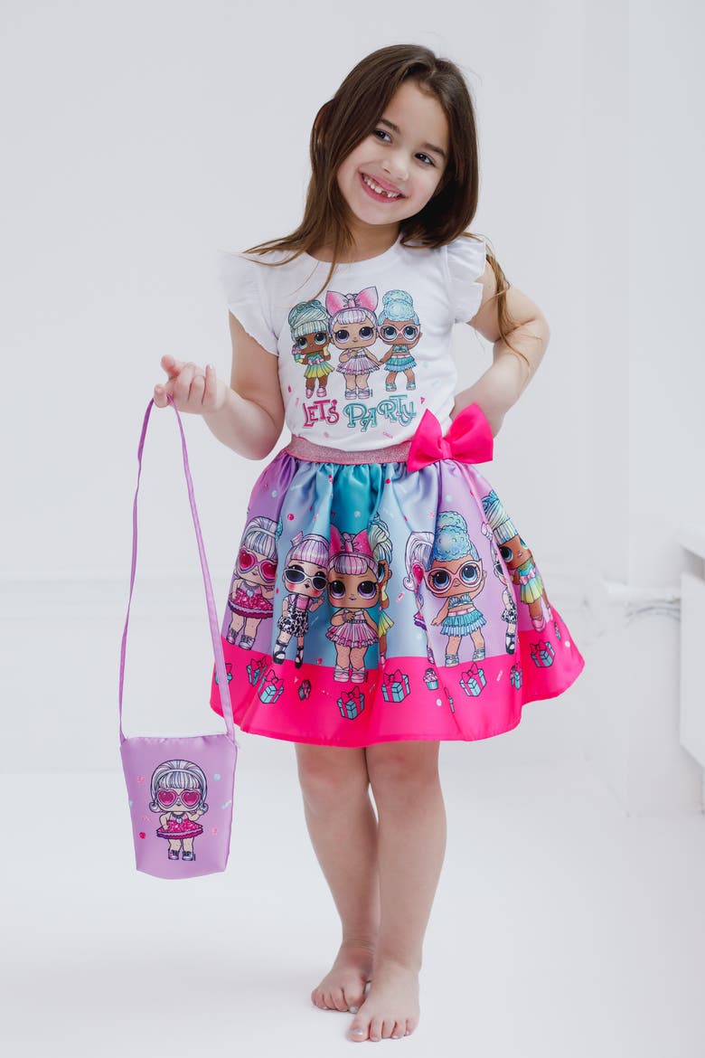 T-Shirt and Satin Skirt Set with Bag, Alternate, color, Teal Purple Pink