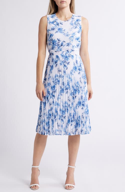 ANNE KLEIN ANNE KLEIN FLORAL SLEEVELESS PLEATED DRESS