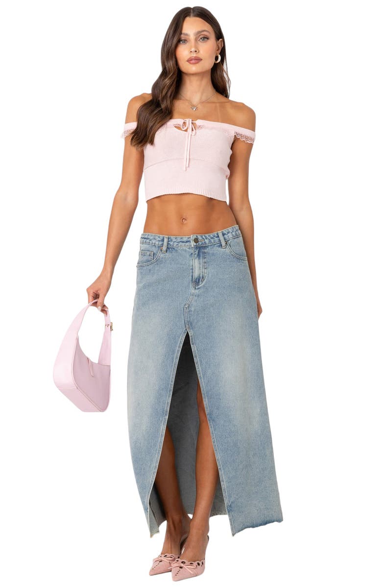 EDIKTED Lace Trim Off the Shoulder Knit Cotton Crop Top, Alternate, color, Light-Pink