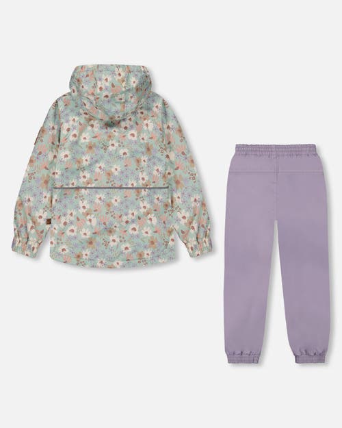 Deux Par Deux Little Girl's Printed Jacket Two-piece Mid-season Outerwear Set Small White Flowers On In White Flowers On Turquoise