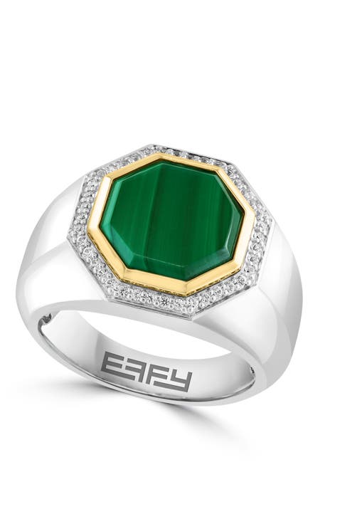 Malachite & White Sapphire Geometric Ring in Sterling Silver