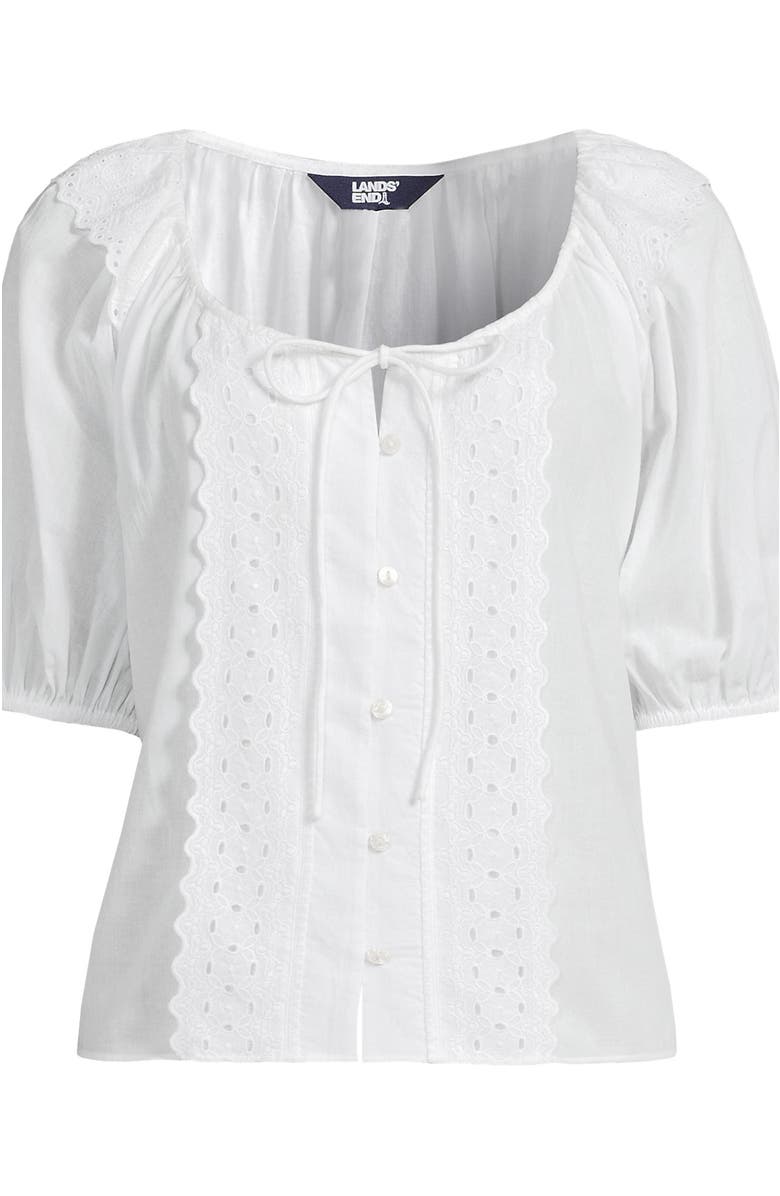 Lands' End Voile Puff Elbow Sleeve Embroidered Blouse, Alternate, color, White