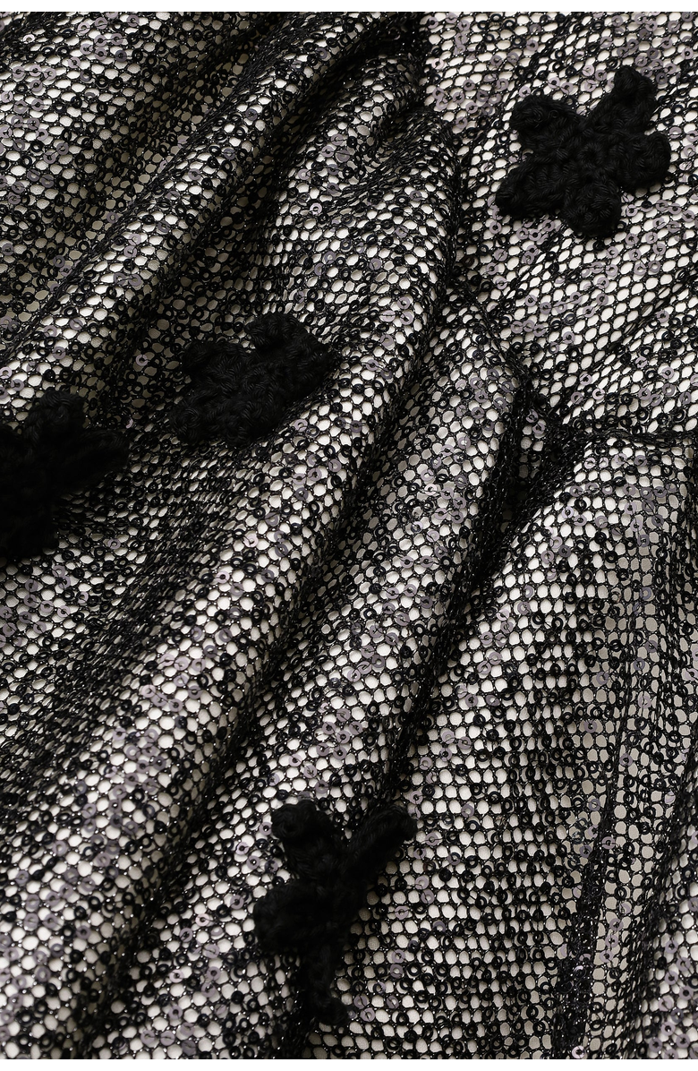 Malva Florea Sequin Balloon-Hem Mini Dress With Crochet Florals, Alternate, color, Black