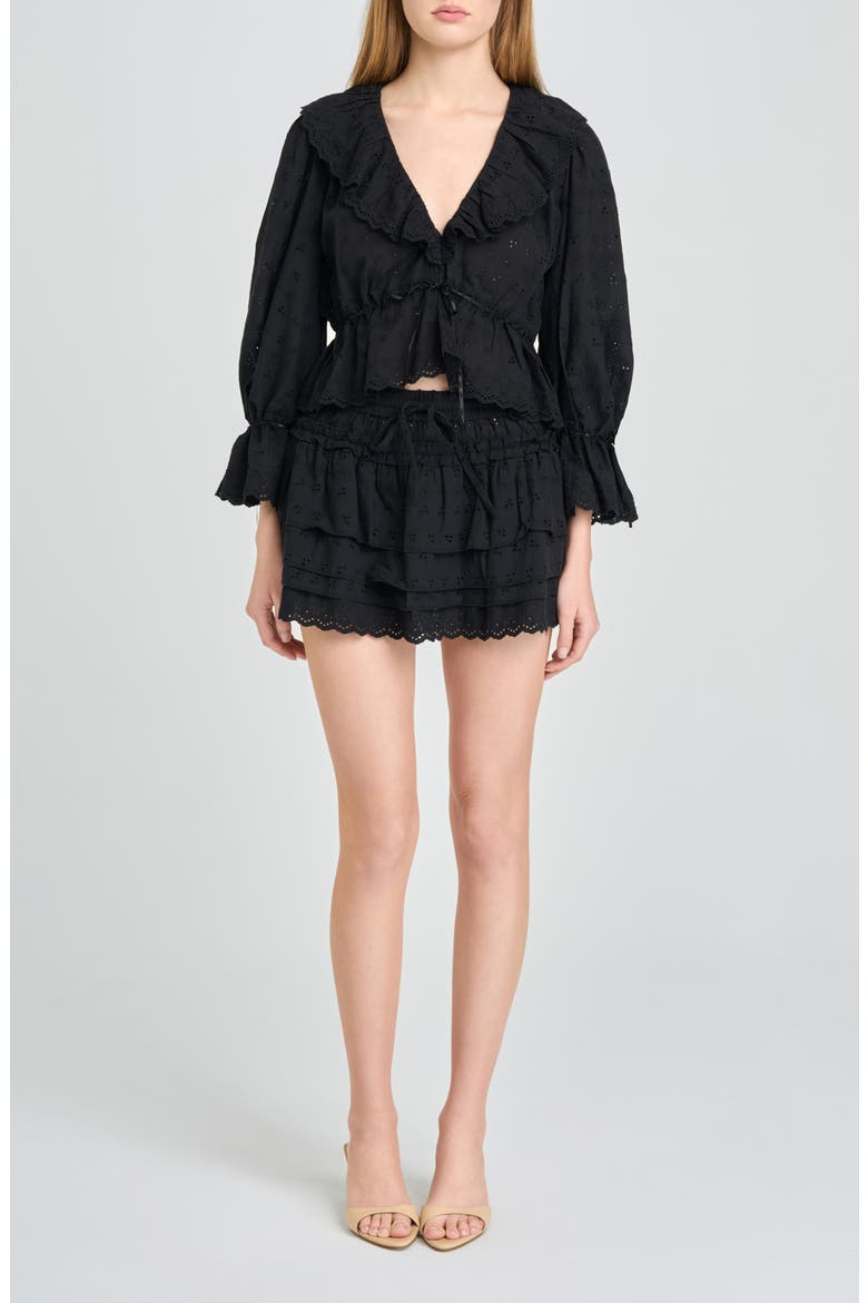 Sophia Eyelet Lace Trim Babydoll Crop Top, Alternate, color, BLACK