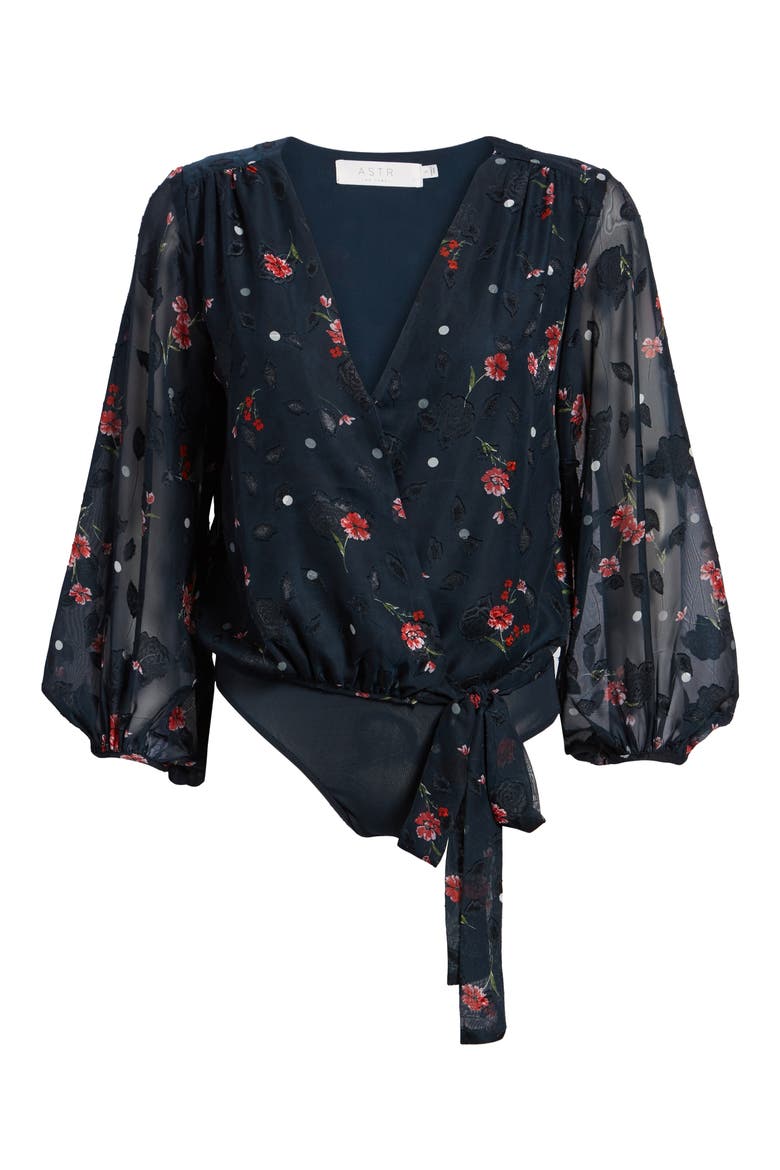 Jill Tie Front Bodysuit, Alternate, color, NAVY FLORAL DOT