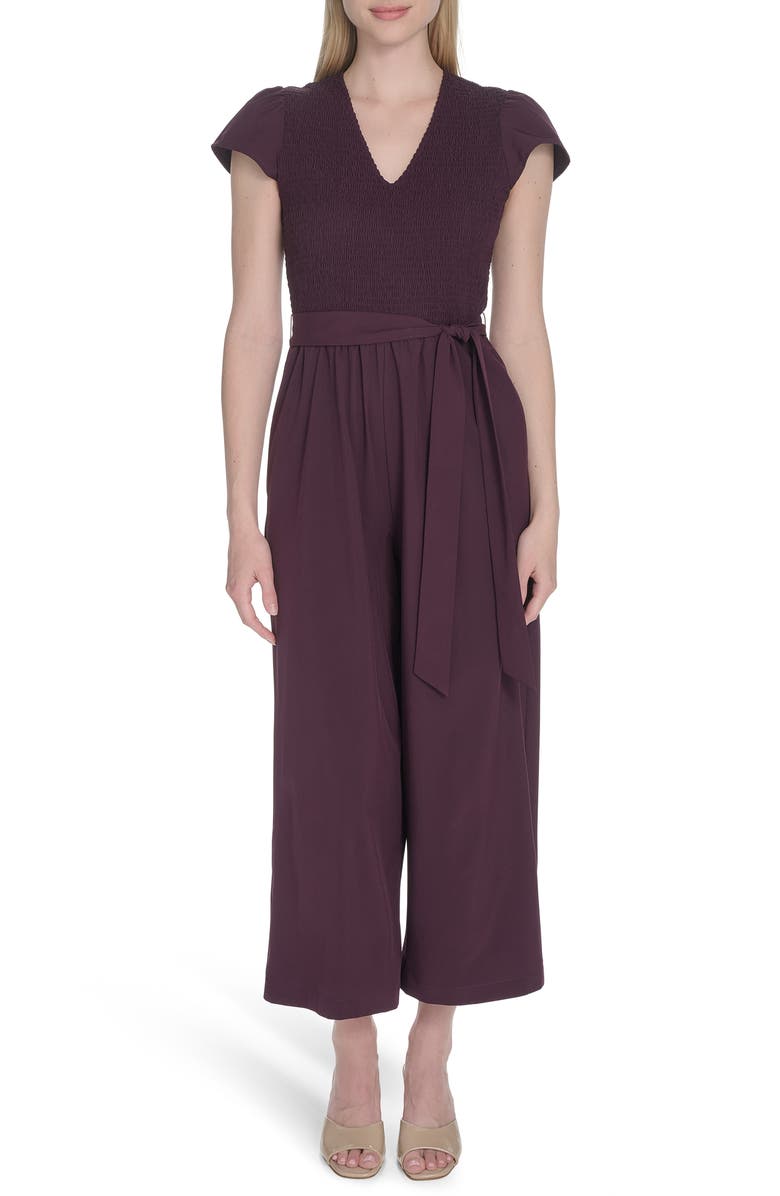 Calvin Klein Smocked Wide Leg Jumpsuit, Main, color, Aubergine