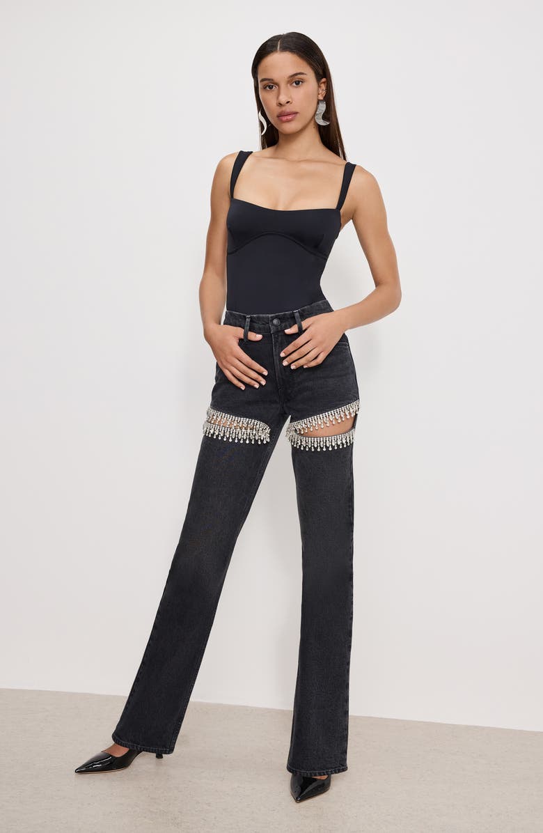 Good American Good Icon Crystal Embellished Cutout Straight Leg Jeans, Alternate, color, Black376