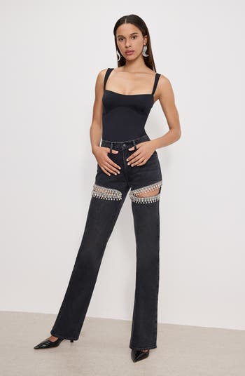 Good Icon Crystal Embellished Cutout Straight Leg Jeans