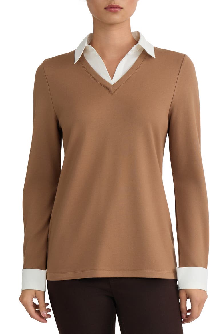 Poplin-Trimmed V-Neck Top, Main, color, CARAMEL/ NATURAL WHITE