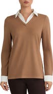 Jones New York Poplin-Trimmed V-Neck Top