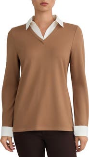 Jones New York Poplin-Trimmed V-Neck Top
