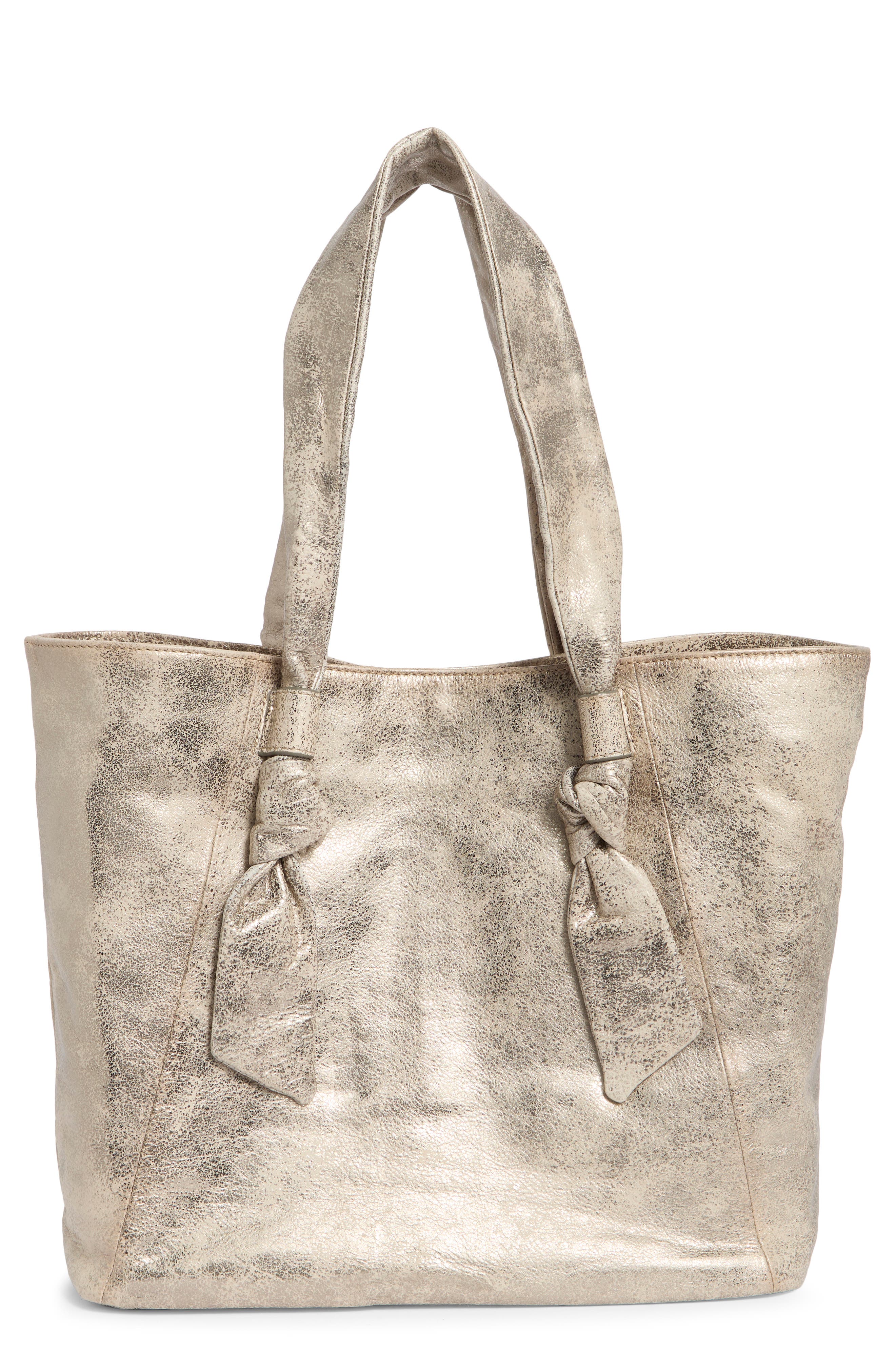 Nora Knotted Strap Leather Tote, Main, color, CREAM METALLIC