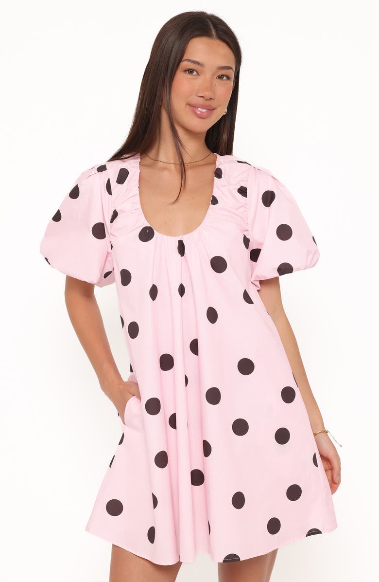 Petal & Pup Bertine Puff Sleeve Cotton Minidress, Alternate, color, Pink Polka Dot