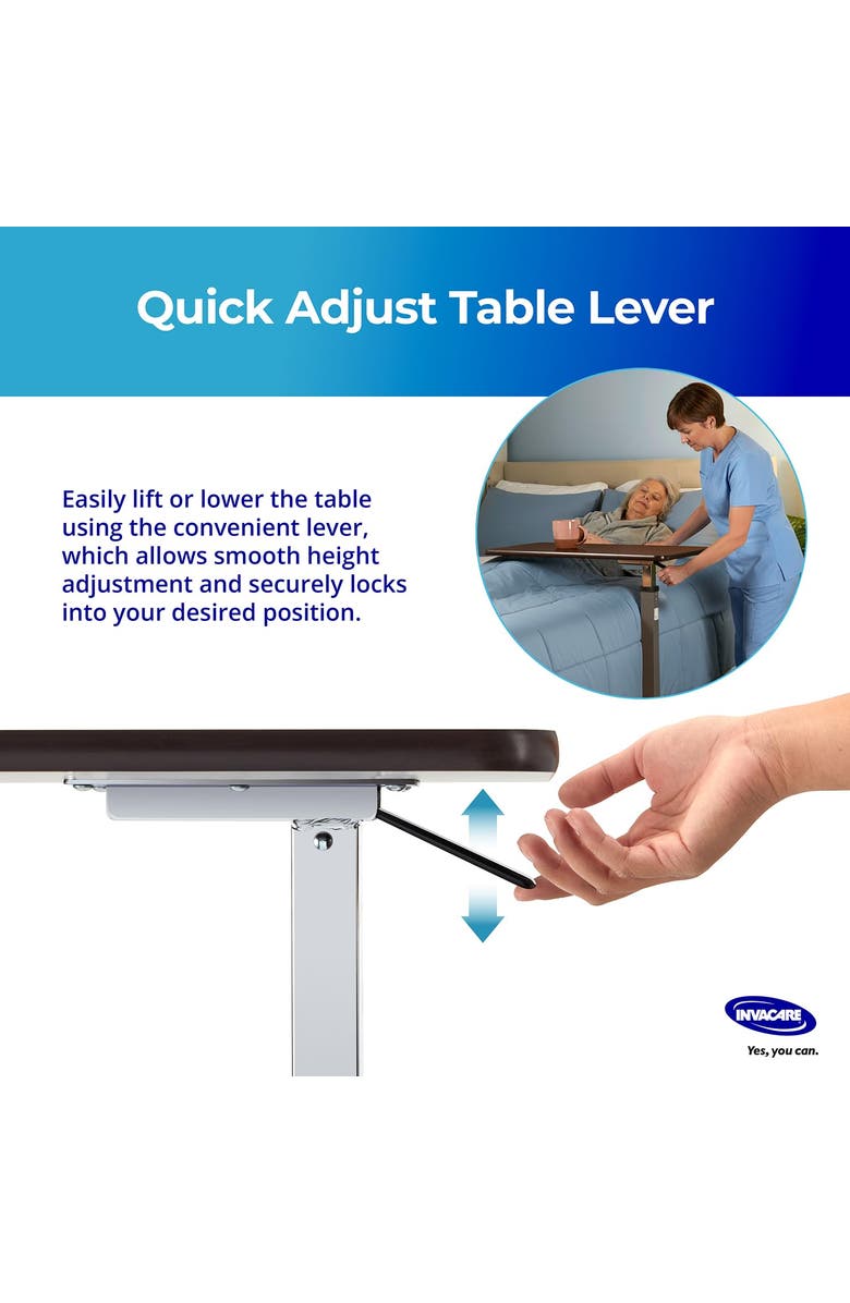 Invacare Adjustable Medical Bedside Table with L-Shaped Base, Alternate, color, Brown