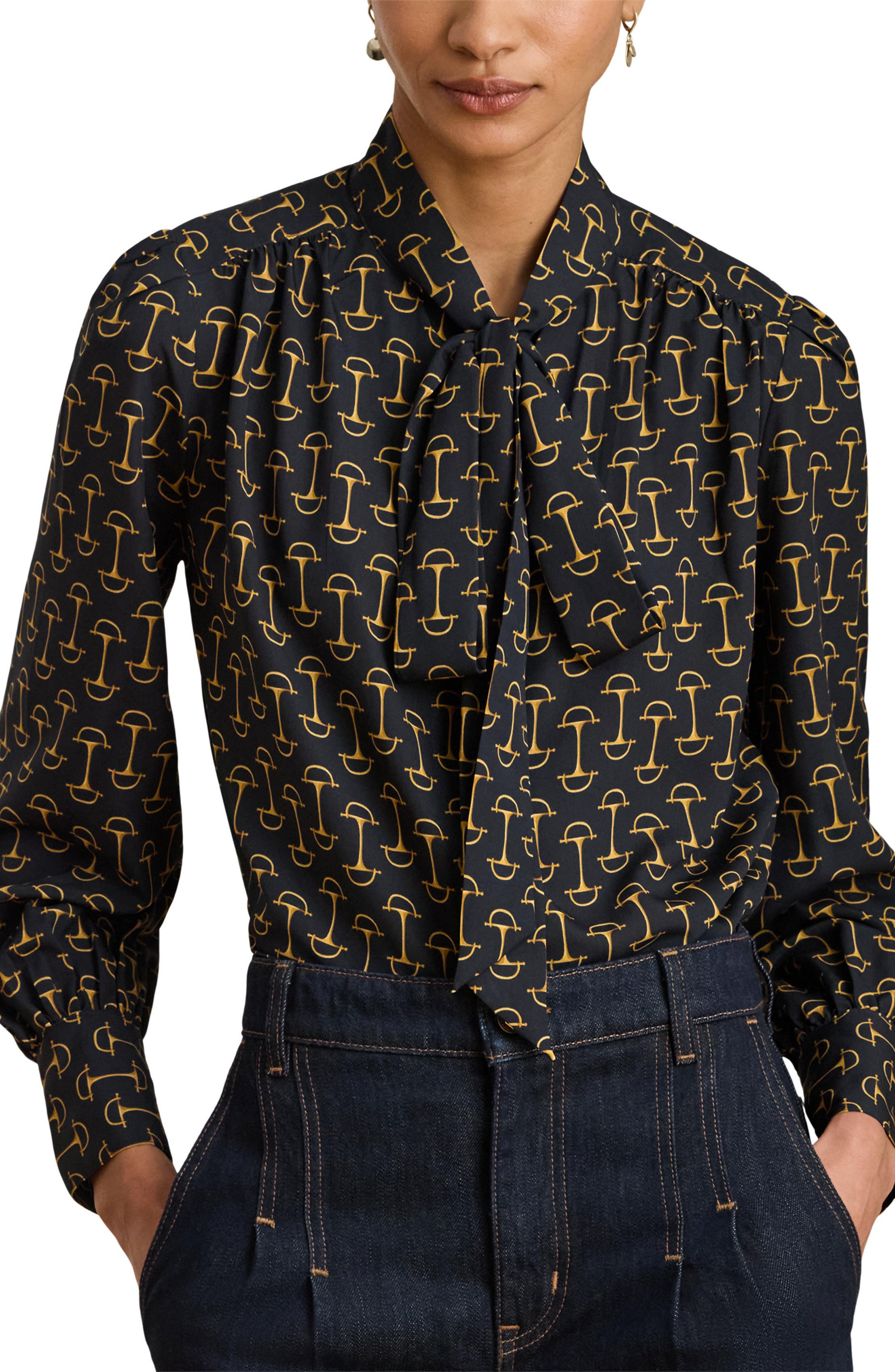 Lauren Ralph Lauren Tie Neck Long Sleeve Popover Top
