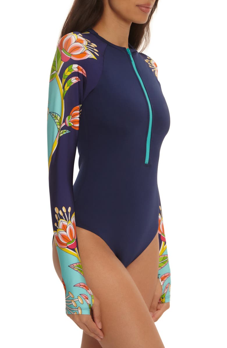 Trina Turk Flamingo Long Sleeve One-Piece Rashguard Swimsuit, Alternate, color, 