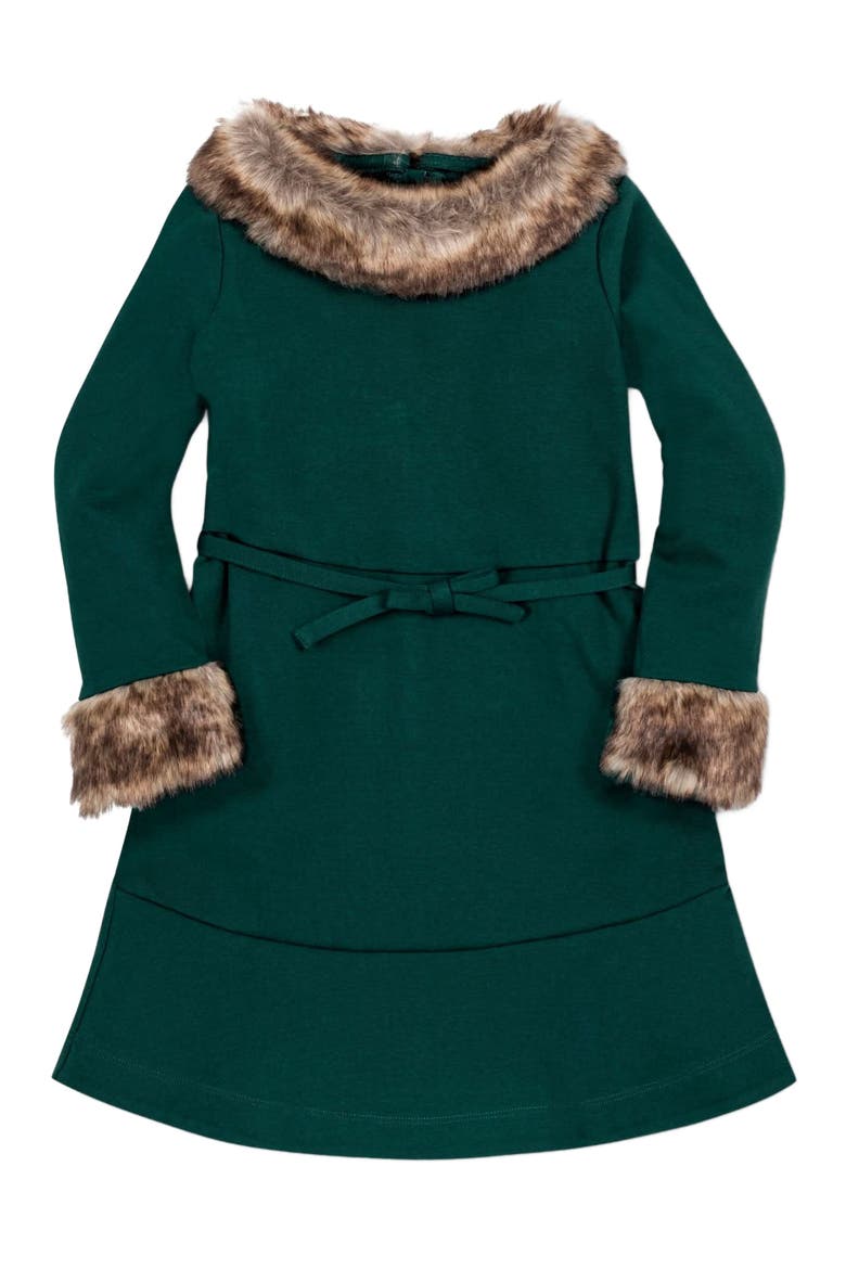 Baby Girls' Long Sleeve Ponte Dress with Faux Fur, Infant, Main, color, Deep Green Long Sleeve