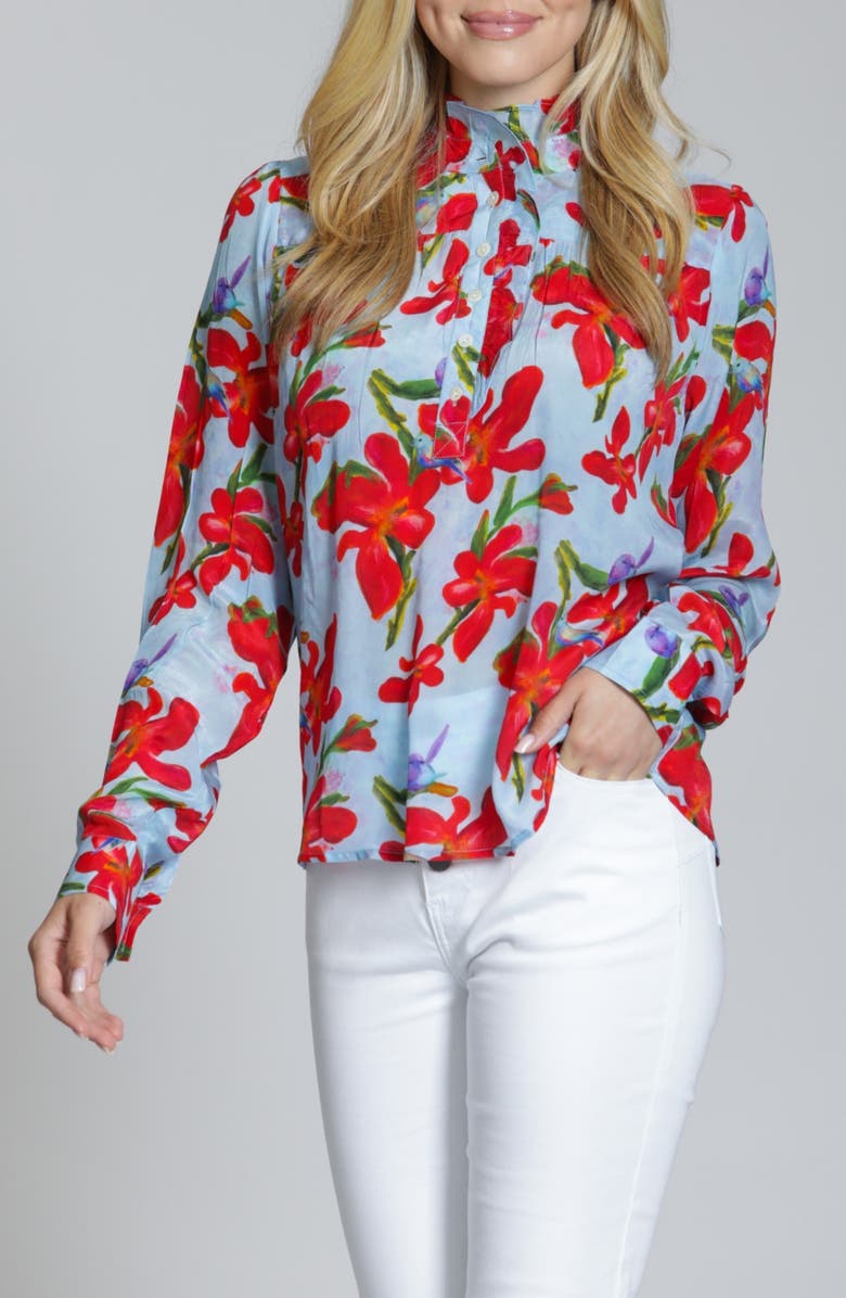APNY Floral Ruffle Placket Top, Main, color, Red Multi