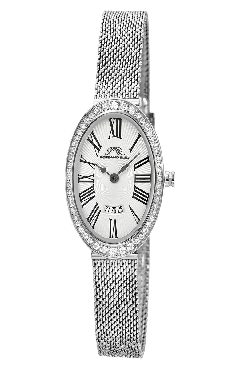 PORSAMO BLEU Women's Eloise Oval Guilloche Dial Topaz Stainless Steel Watch, Main, color, Silver
