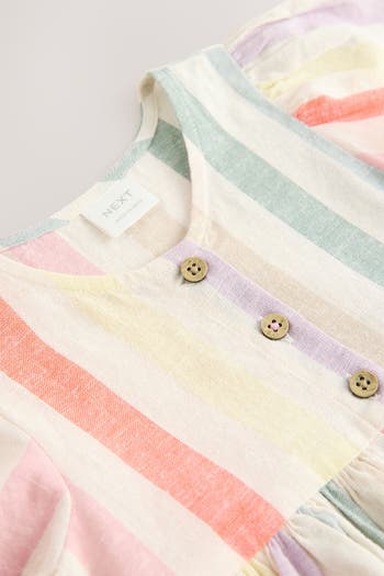 Kids' Rainbow Stripe Flutter Sleeve Cotton & Linen Dress
