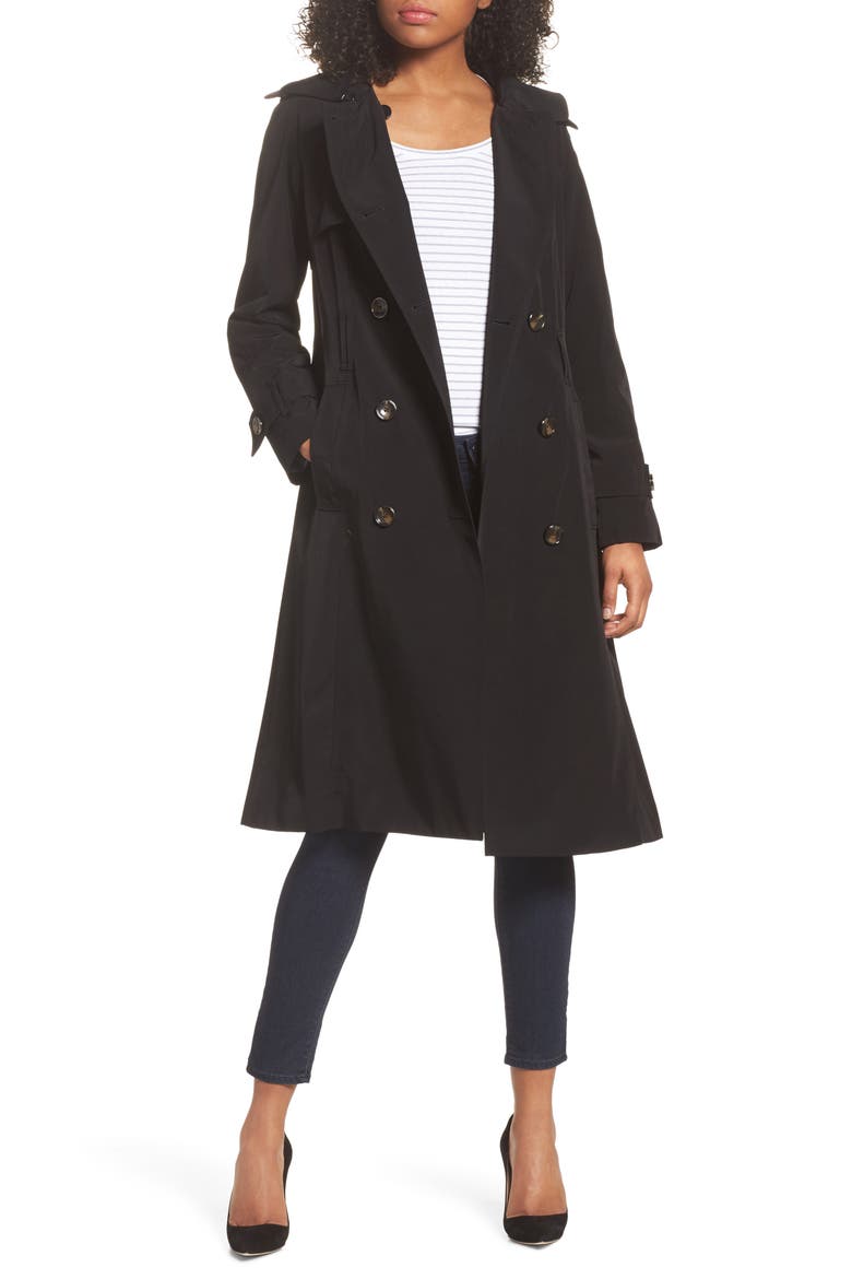 Long Double Breasted Trench Coat, Main, color, BLACK