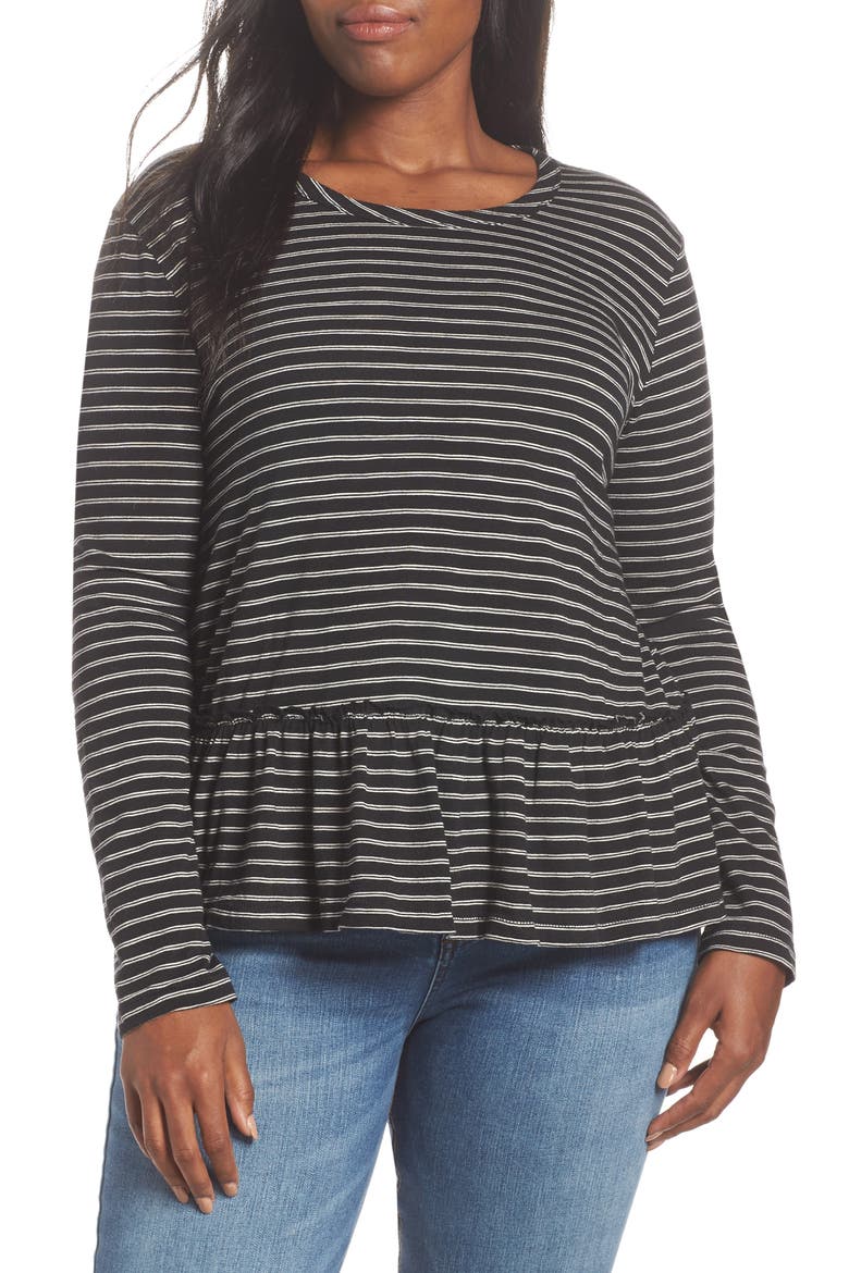 Peplum Tee, Alternate, color, BLACK- BEIGE STRIPE