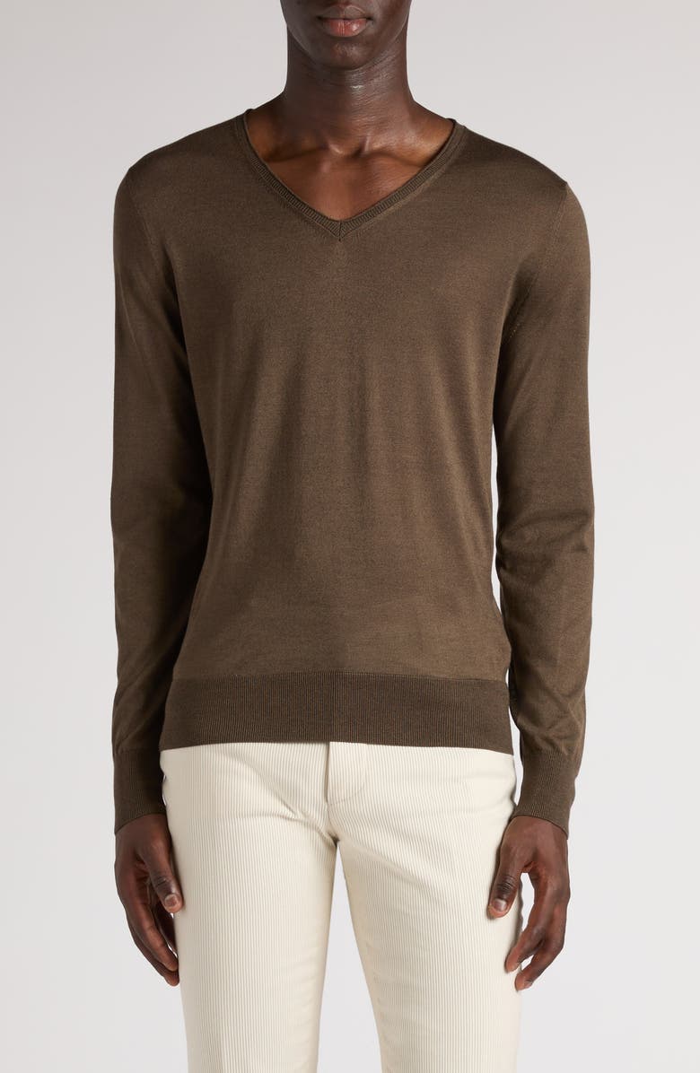 TOM FORD Silk & Cashmere V-Neck Sweater, Main, color, Taupe Brown
