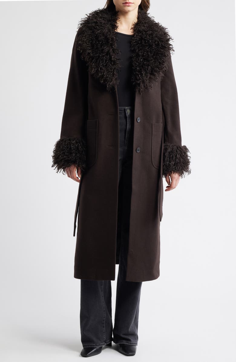 & Other Stories Faux Fur Trim Belted Recycled Wool Blend Coat, Main, color, Brown Dark