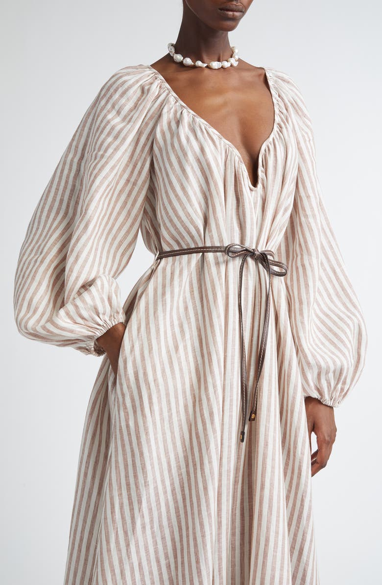 Zimmermann Cascadian Stripe Long Sleeve Linen Maxi Dress, Alternate, color, Tan Stripe