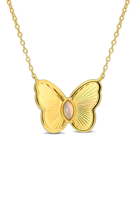 Marquise Cut Ethiopian Blue Opal Butterfly Pendant Necklace