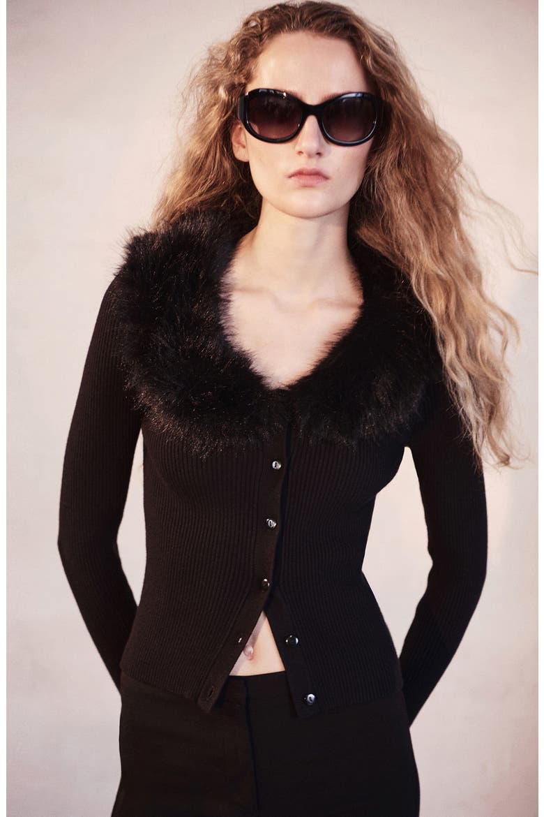 Nanny Faux Fur Collar Cardigan, Main, color, BLACK
