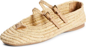 【国内発】PRADA ラフィア メリージェーン バレリーナ フラット Prada Stuoia Raffia Dual Mary Jane Ballerina Flats | Neiman