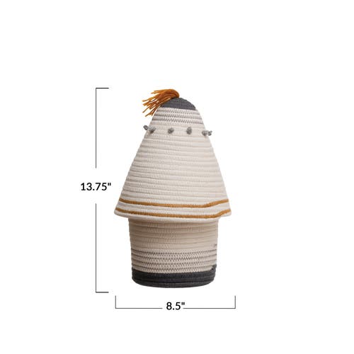 Storied Home Cotton Rope Basket With Lid And Embroidery In White