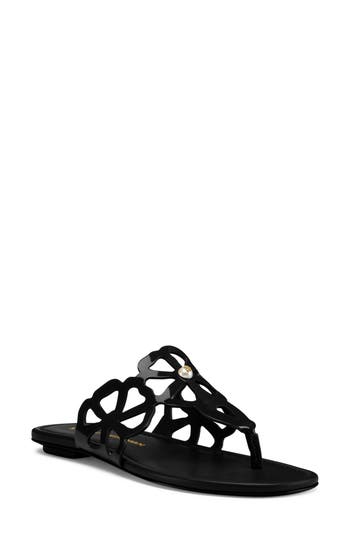 Stuart Weitzman Jasmine Patent Cutout Thong Sandals In Black