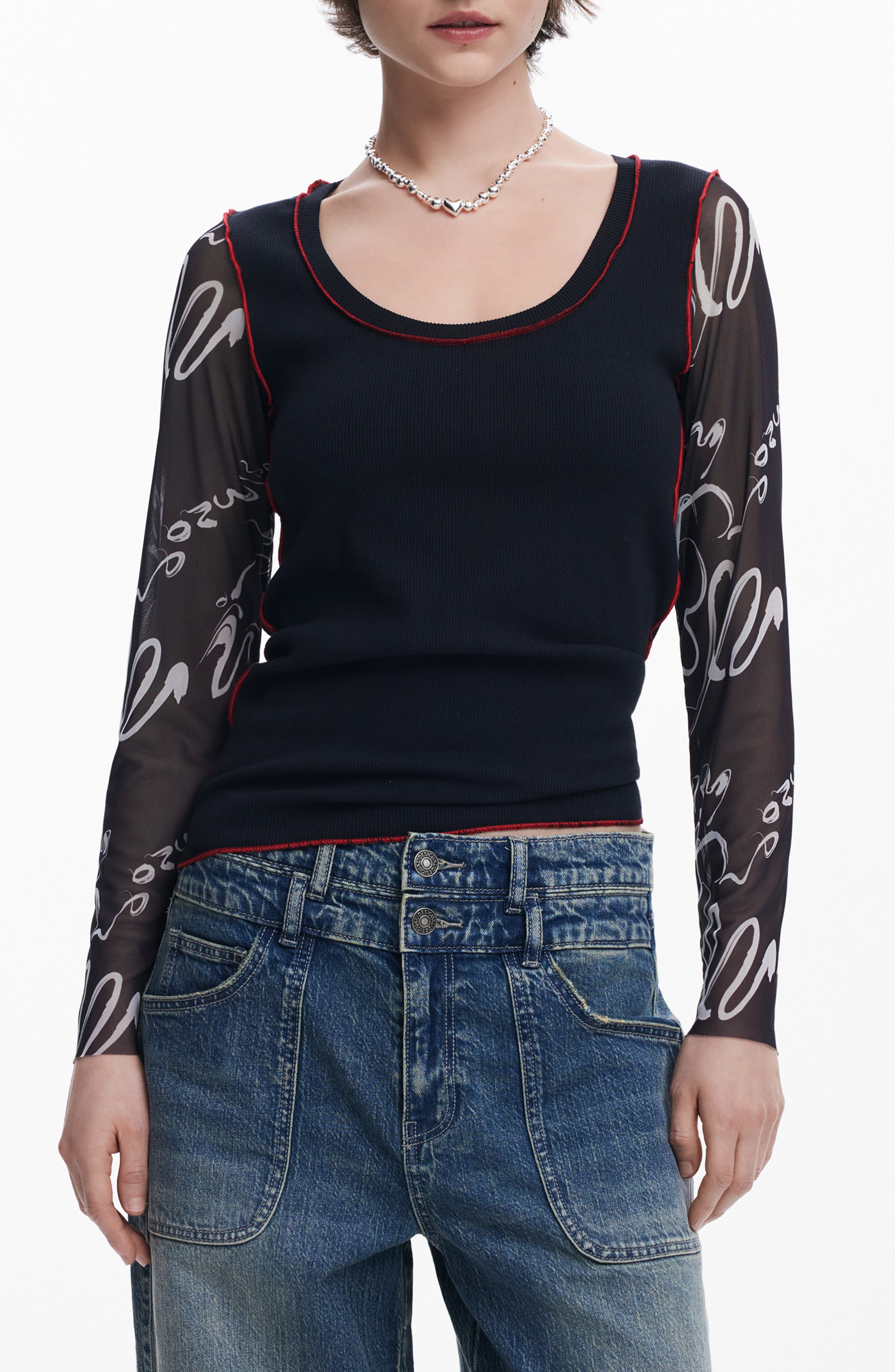 Desigual Floral Jacquard Bell Sleeve Top