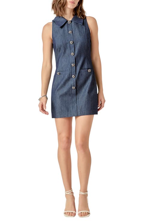 Point Collar Denim Mini Shirtdress