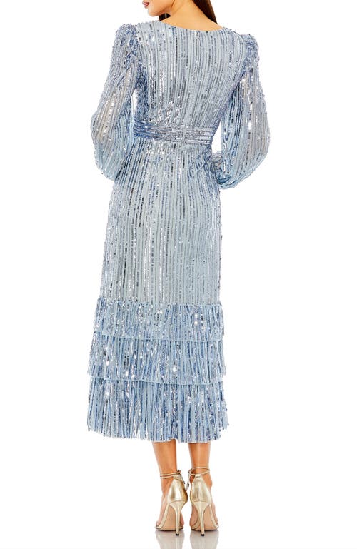 Mac Duggal Long Sleeve Deep V Tiered Ruffle Sequin Dress In Slate Blue