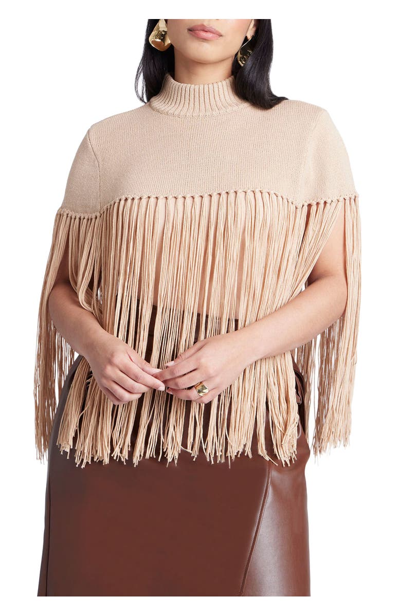 ELOQUII Fringe Half Sweater, Main, color, Camel