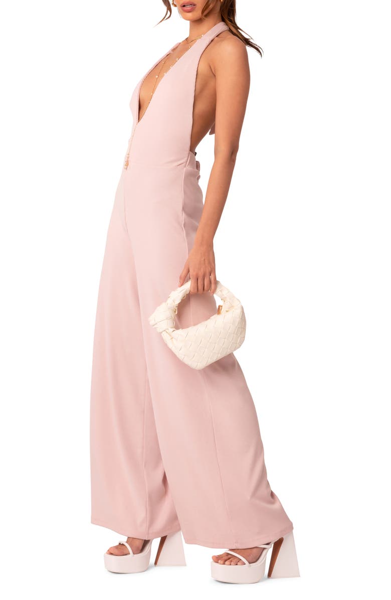 EDIKTED Halter Neck Rib Wide Leg Jumpsuit, Alternate, color,